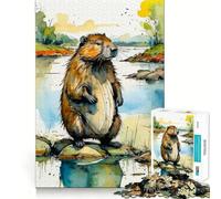 Watercolor Beaver by The River Adults 1000 Piece Jigsaw Puzzle Memory Fun Game Clean Cut Sturdy Components Unique Gift for Stress Relief (50x75cm)