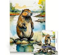Watercolor Beaver by The River Jigsaw 1000 Pieces for Adults Focus Enhance Casual Relaxation Smooth Cut Lovely Gift (38x26cm)