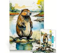 Watercolor Beaver by The River Jigsaw Puzzles 1000 Recall Fun Play Burr Free Clean Cut Pieces Portable Travel Friendly Fun Game (38x52cm)