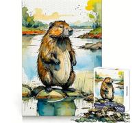 Watercolor Beaver by The River Puzzles for Teenagers 1000 Piece Intellect Skill Tranquil Escape Clean Join (38x52cm)