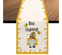 Watercolor Bee Happy Gnome Table Runner, Seasonal Summer Holiday Farmhouse Kitchen Dining Table Runner for Home Decor 13 x 70 Inch