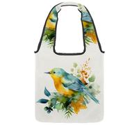 Watercolor Bird Leaf Reversible Canvas Shoulder Tote - Double-Sided Print, 12oz Cotton, 27cm Drop, Fold-Flat Bag for Travel, Shopping, Street Outings