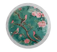 Watercolor Birds and Pink Flowers 4 PCS Cabinet Knobs, Round Crystal Glass Decoration ABS Material Kitchen Hardware, Furniture Drawer Knobs Cupboard Single Hole Pull Handles