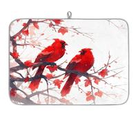 Watercolor Birds Cardinals Red Microfibre Dish Drying Mat - 60 x 45 cm Absorbent Drying Mat Coffee Machine Mat Dishes Rack Mat Countertop Protector Mat