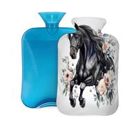 Watercolor Black Horse Flower Hot Water Bottle with Cover, 2L PVC Hot Water Bag for Pain Relief, Hand Foot Warmer, Hot & Cold Therapy with Removable Cover, Gift for Women Kids Family