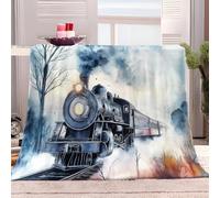 Watercolor Black Steam Train Fleece Throw Blankets Ideal for Adults & Kids Room Décor Gift Blue Grey Blanket for Couch Sofa or Bed, Soft Fuzzy Plush Flannel Lap Blanket 130x150 cm