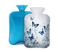 Watercolor Blue Butterfly Flowers Hot Water Bottle with Cover, 2L PVC Hot Water Bag with Soft Cover, Reusable Heating Pad for Pain Relief Warm Hands Waist Abdomen Feet & Bed