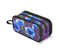 Watercolor Blue Flowers Purple Pencil Case Zipper Pouch Large Classroom Pen Bag Boys Personalized Pencil Storage Bags Back to School Office Supply Adults 8.86x3.54x4.33in