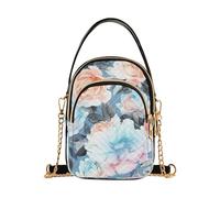 Watercolor Blue Peonies Roses Women Shoulder Handbag Quilted Phone Bags with Chain Strap Cute Zipper Bowler Tote Ladies Satchel