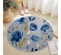 Watercolor Blue Roses Rugs Round 60 cm Living Room Modern Non-Slip Area Rug, Round Machine Washable Floor Carpet, Low Pile Soft Circle Rug for Bedroom Kids Room Decor, Blue