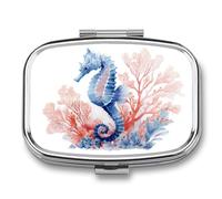 Watercolor Blue Seahorse and Coral Pill Box 2 Compartment Portable Medicine Pill Case Travel Pill Organizer for Pocket Purse