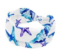 Watercolor Blue Starfish Shell Wide Headbands for Women Elastic Head Bands Non Slip Hairband Turban Headband for Workout Yoga Sport Running