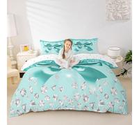 Watercolor Bow Bedding Set Double Size Kids Cute Bowknot Comforter Cover for Boys Girls Teens Coquette Bows Duvet Cover Breathable Soft Lightweight Dreamy Princess Style Room Decor Teal Silver