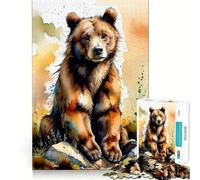 Watercolor Brown Bear Jigsaw Puzzle 1000 Pieces Mental Focus Game Precision Cut Smooth Edges Absorbing Activity for Quiet Nights (38x26cm)