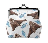 Watercolor Brown Walrus, PU Leather Coin Purse, Small Wallets, Change Pouch with Kiss Lock Clasp Buckle, Change Purse