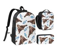 Watercolor Brown Walrus,Student Backpack,Lunch Bag,Pencil Case 3 Piece Set