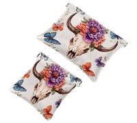 Watercolor Bull Skull with a Peony and Colorful Butterflies Pocket Cosmetic Bag, Waterproof Squeeze Makeup Bag No Zipper Self-Closing, Portable Mini Travel Storage for Headphones Jewelry
