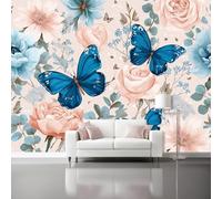 Watercolor Butterflies Roses Elegant Wall Mural Wallpaper, Non Self Adhesive Paste The Wall Mural for Living Room Bedroom, Pink Blue High Definition Art Wall Decor - 300 x 210 cm (W x H)