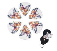 Watercolor butterfly Guitar Picks 6 Pack, 0.46mm Thickness Celluloid Bass Pick with Leather Guitar Pick Holder Keychain Abstract Art Pics Plectrum for Acoustic Electric Guitar, Ukulele, Bass