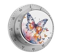 Watercolor Butterfly Kitchen Timer - Mechanical Visual Timer, Stainless Steel Digital Timers with Magnetic Base Egg Timers for Hard Boiled Eggs 60-Minute Countdown Kitchen Clock for Cooking