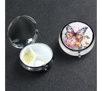 Watercolor Butterfly Pill Box with Mirror 3 Compartment Decorative Pill Case for Purse or Pocket Small Round Pill Organizer Weekly Metal Medicine Tablet Vitamin Holder Travel Gift