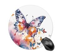 Watercolor Butterfly Round Mouse Pad, Non-Slip Rubber Base Waterproof Washable, Computer Mouse Mat for Office Gaming Studying, Premium-Textured Durable Portable Circle Mousepad for Desktop PC Notebook