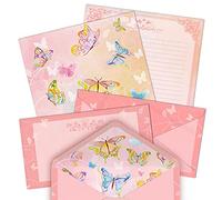 Watercolor Butterfly Stationery Paper (Lined Single Side) 48 Pieces and Self-Sealing Envelopes 24 PC Set, 100GSM Heavy Weight, Pink Letter Writing Stationary 11" x 8.5" with Letterhead