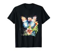 Watercolor Butterfly Tropical Flowers Botanical Art Design T-Shirt