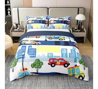 Watercolor Car Duvet Cover Set Double 100% Cotton City Building Bedding Set Traffic Vehicle Comforter Cover for Kids Boys Girls Blue White Quilt Cover for Room Decor (No Comforter)