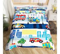 Watercolor Car Duvet Cover Set Single City Building Bedding Set Traffic Vehicle Comforter Cover for Kids Boys Girls Blue White Microfiber Quilt Covers for Room Decor (No Comforter)