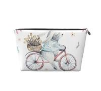 Watercolor Cartoon Bunnies with Leaves Printed Leather Travel Toiletry Makeup Bag with Silver Zipper for Women on the Go