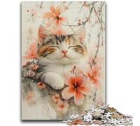 Watercolor Cat And Cherry Blossoms 1000 Pieces Jigsaw Puzzle For Adults Teens, Staycation Kill Time Enhance Love between Couples 50x75cm