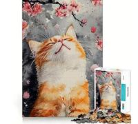 Watercolor Cat with Cherry Blossoms 1000 Piece Adult Puzzles Logic Puzzle Play Precision Cut Smooth Edges for Family Gatherings (38x52cm)