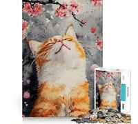 Watercolor Cat with Cherry Blossoms Jigsaw 1000 Pieces for Teenagers Memory Train Fun Clean Seamless Connection Relaxing Indoor Group Activity (50x75cm)