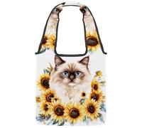 Watercolor Cat with Sunflowers Canvas Tote Bag for Women, Reusable Grocery Shopping Cloth Bag with Wide Handle