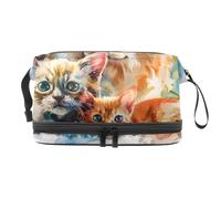 Watercolor Cats and a Dog Double Layer Cosmetic Bag for Women and Girls, Travel Toiletry Bag Makeup Handy Pouch Organiser Bag with Brush Compartment
