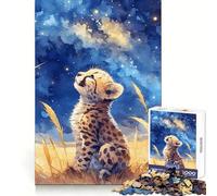 Watercolor Cheetah Cub Gazing at Stars 1000 Pieces Jigsaw Puzzles for Adults Brain Strength Peaceful Recreation Firm Interlock Best Gift (38x52cm)