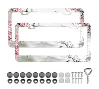 Watercolor Cherry Blossom License Plate Frame - 2 Pack Japanese Sakura Flower Aluminum Metal License Plate Frames Holder, Rust-Proof Waterproof Car Decorative Tag Frames for Standard US 12x6 Inch