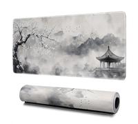 Watercolor Cherry Blossom Mouse Pad Abstract Black Mouse Pad 31.5x11.8 Inch Pagoda Texture Non-Slip Rubber Base Large Mousepad Stitched Edges Keyboard Mouse Mat Desk Pad for Office and Home
