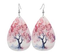 Watercolor Cherry Blossom Tree Leather Earrings for Women | Teardrop Dangle Earrings With Faux Leather Pendant And Silver Plated Hooks, Lightweight Statement Jewelry For Women Girls