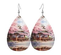 Watercolor Cherry Blossoms double-sided printed leather earrings int and shape of water drops, creative, light and novel, bright and vivid colors.