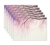 Watercolor Cherry Blossoms Printed Table Placemats - Ideal For Kitchen Dining Table - Non-Slip Washable Heat Resistant - Dreamy Moon Sky Fabric Tablemats - Pack Of 2 - Blush Powder - 45X30Cm