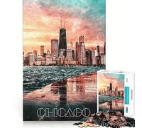Watercolor Chicago Night Jigsaw Puzzle 1000 Recall Fun Play Advanced Laser Cutting Tech Holiday Indoor Entertainment Toy (38x52cm)