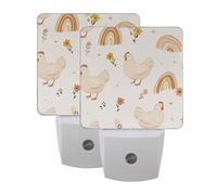 Watercolor Chicken Rainbow Night Light 2 Pack Plug in Wall with Dusk to Dawn Sensor Led Lamp for Women Men Night Lights Plug in Wall Decor for Bedroom Kitchen Corridor, 0.5W