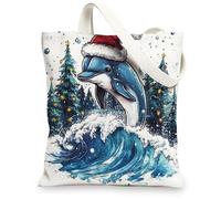 Watercolor Christmas Dolphin Canvas Tote Bag for Shopping 13 * 15, Fun Ocean Sea Xmas Reusable Grocery Bag for Women, Holiday Sealife Aesthetic Painting Gift Decoration