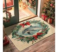 Watercolor Christmas Dolphin Front Black Door Mat Outside Inside Entrance 29 * 17, Fun Ocean Sea Xmas Outdoor Non Slip Doormat, Small Holiday Sealife Print Patio Garage Shoes Off Door Rug