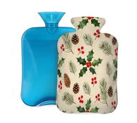 Watercolor Christmas Holly Pinecones Berries, Hot Water Bottle with Cover, 2L PVC Hot Water Bag for Pain Relief, Hand Foot Warmer, Hot & Cold Therapy with Removable Cover, Gift for Women Kids Family