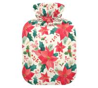 Watercolor Christmas Pattern Poinsettia Spruce Travel Hot Water Bottle with Soft Cover, 1L Hot Compresses for The Body for Tummy Warmer
