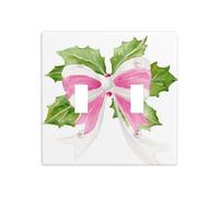 Watercolor Christmas Pink Holly White Bow Double Gang Toggle Light Cover Wall Plate Switch Decor Standard Size - 11.4x11.4cm