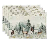 Watercolor Christmas Placemats, Deer, Trees, Snowflakes, for Dining Table, 12 x 18 Inch, Seasonal, Winter, Xmas, Holiday, Rustic, Set of 4